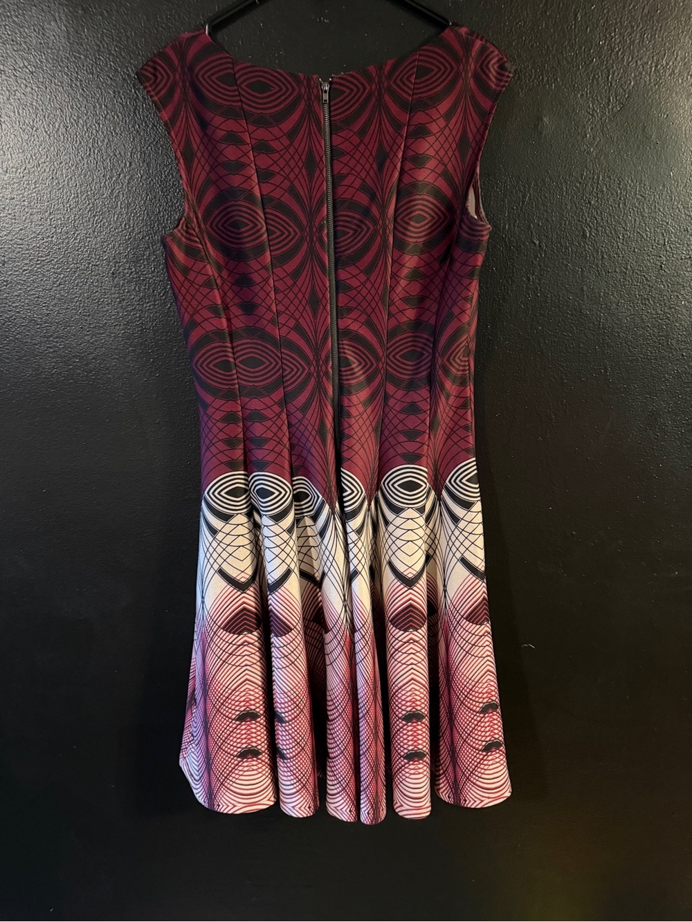 Gabby Skye Maroon, Black and Cream Fit-and-Flare Geometric Dress